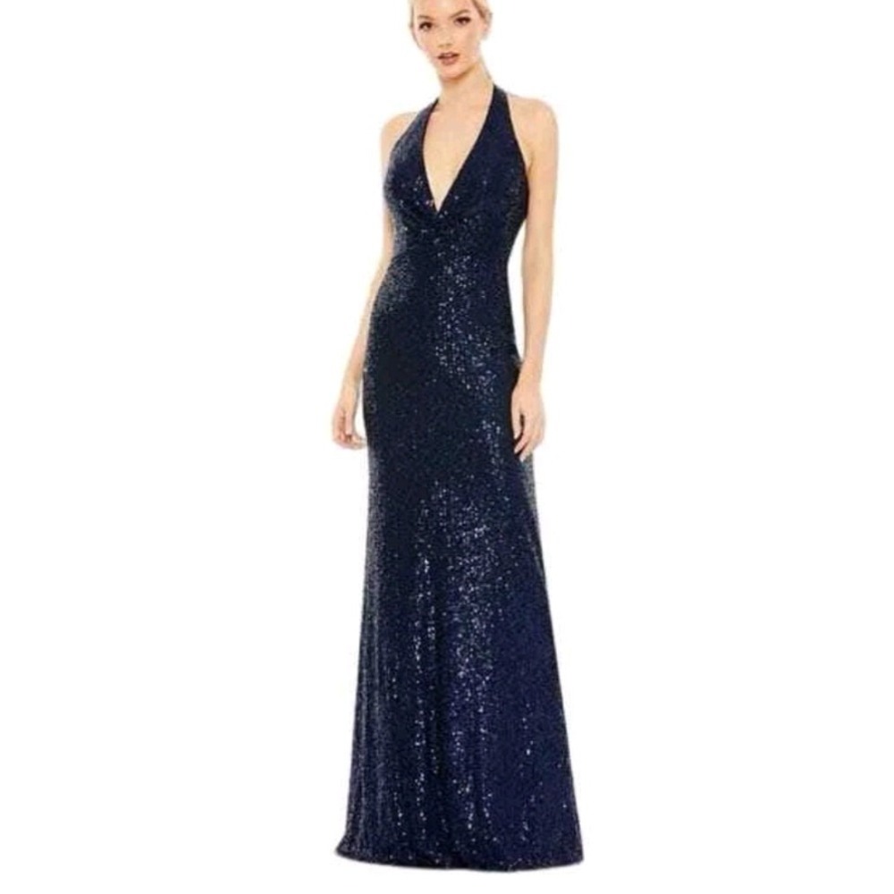 Ieena‎ for Mac Duggal Navy Blue Sequin Halter Gown Formal Dress NEW 11277 Size 8
